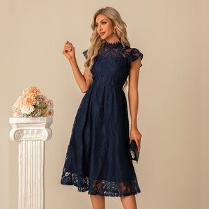 High Neck Illusion Cap Sleeve A-line Lace Midi Dress
